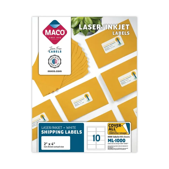 MACO® Cover-All Opaque Laser/inkjet Shipping Labels, Inkjet/laser Printers, 2 X 4, White, 10 Labels/sheet, 100 Sheets/box