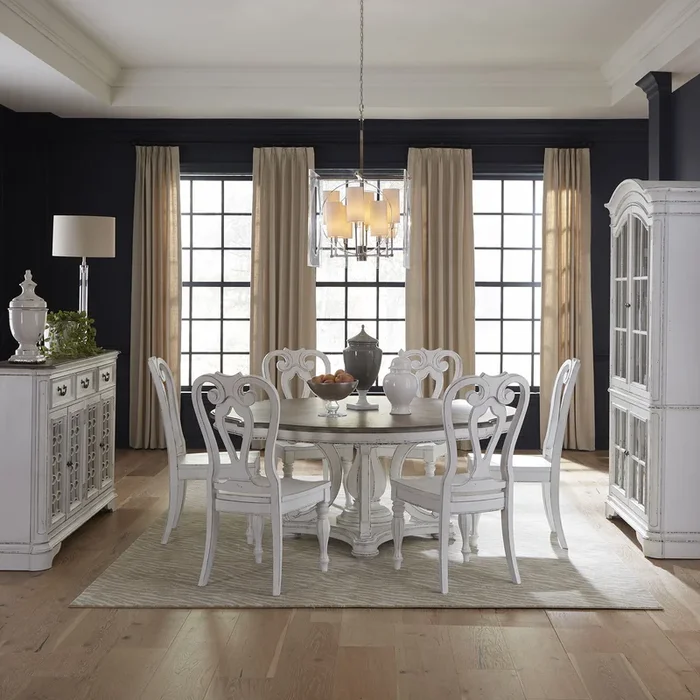 Magnolia Manor – 7 Piece Round Ped Table Set (Splat Back Side Chair) – White