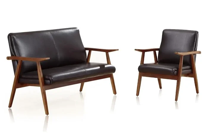 Manhattan Comfort – 1-Piece ArchDuke Faux Leather Loveseat and Armchair with Beech Wood Legs in Black and Amber – 2-LSAC01-BK