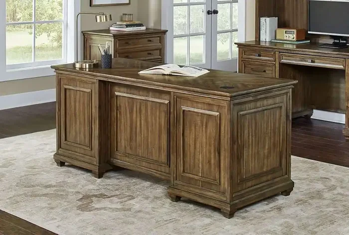 Martin Furniture – Porter – Traditional Wood Double Pedestal Executive Desk, Writing Table, Office Desk, Fully Assembled, Brown – IMPR680