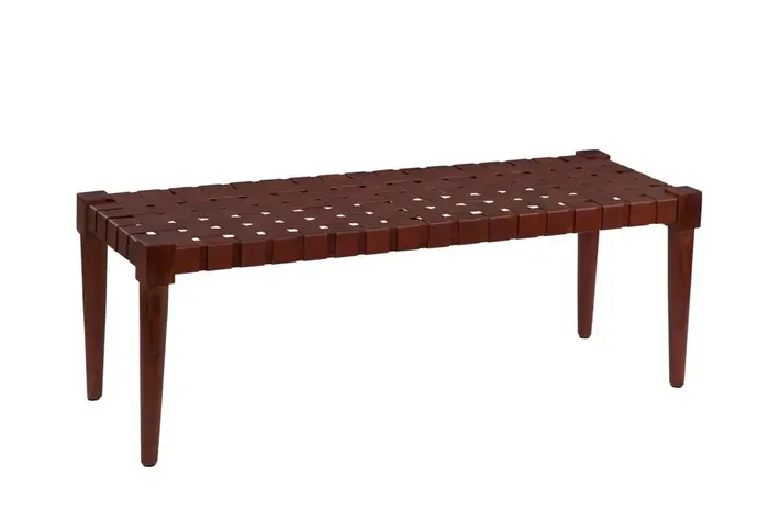 Martin Svensson Home – Harness Cognac Brown Woven Genuine Leather and Wood Accent Bench – 3711035