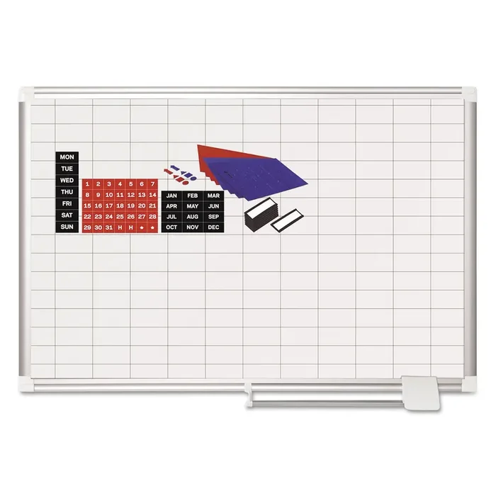 MasterVision® Gridded Magnetic Steel Dry Erase Project Planning Board, 1″ x 2″ Cells, 36″ x 24″, White Surface, Satin Aluminum Frame