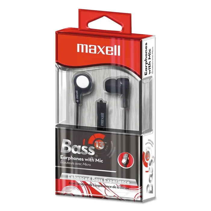 Maxell® B-13 Bass Earbuds with Microphone, 52″ Cord, Black