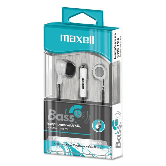 Maxell® B-13 Bass Earbuds with Microphone, 52″ Cord, White