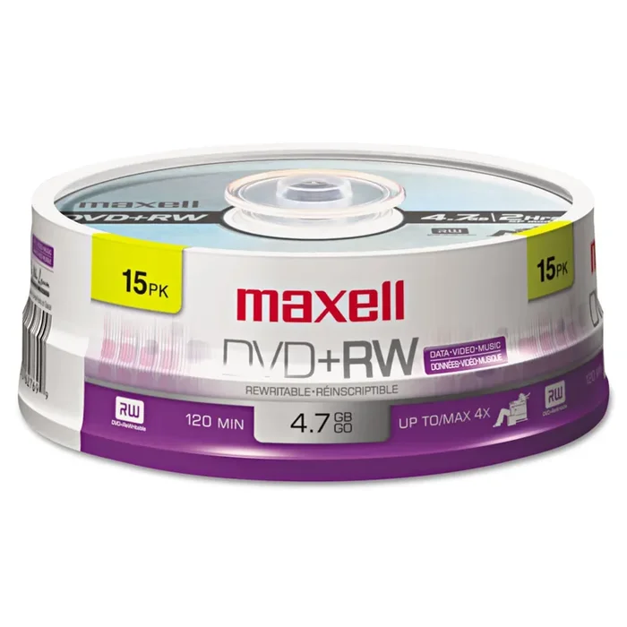 Maxell® Dvd+rw Rewritable Disc, 4.7 Gb, 4x, Spindle, Silver, 15/pack