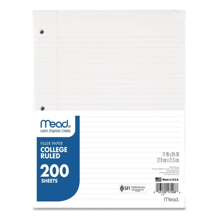 Mead® Filler Paper, 3-Hole, 8.5 X 11, College Rule, 200/pack