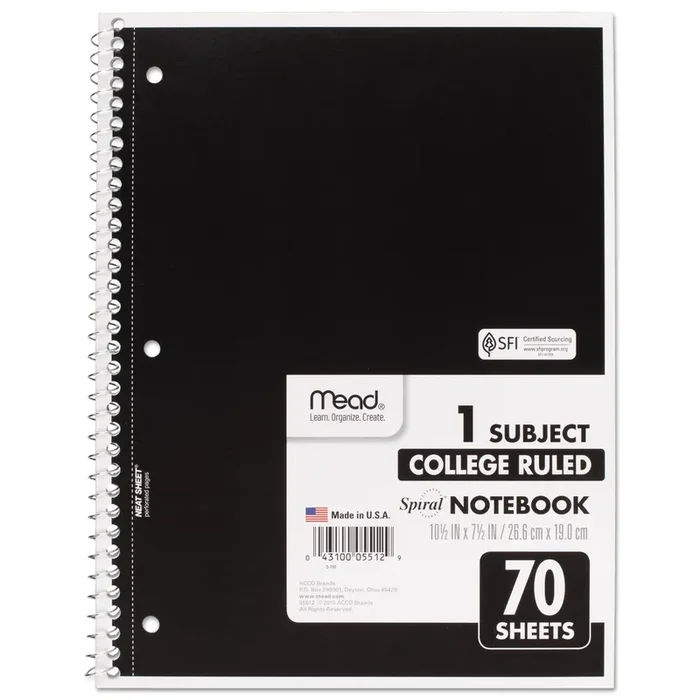 Mead® Spiral Notebook, 3-Hole Punched, 1-Subject, Medium/College Rule, Randomly Assorted Cover Color, (70) 10.5 x 7.5 Sheets