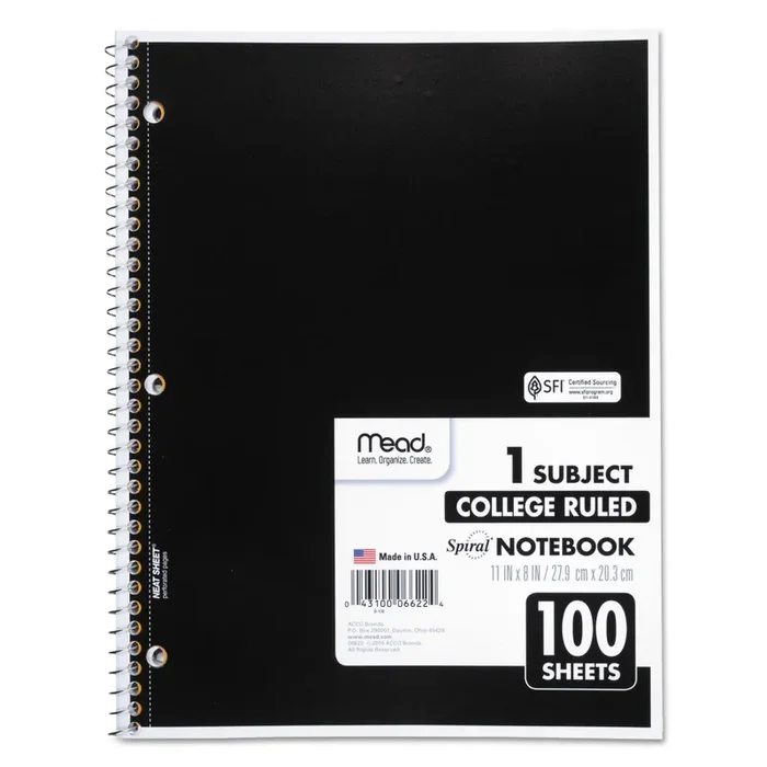 Mead® Spiral Notebook, 3-Hole Punched, 1-Subject, Medium/College Rule, Randomly Assorted Cover Color, (100) 11 x 8 Sheets