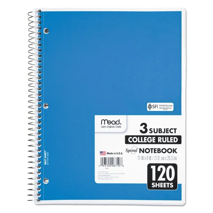 Mead® Spiral Notebook, 3-Subject, Medium/College Rule, Randomly Assorted Cover Color, (120) 11 x 8 Sheets