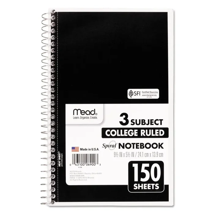 Mead® Spiral Notebook, 3-Subject, Medium/College Rule, Randomly Assorted Cover Color, (150) 9.5 x 5.5 Sheets