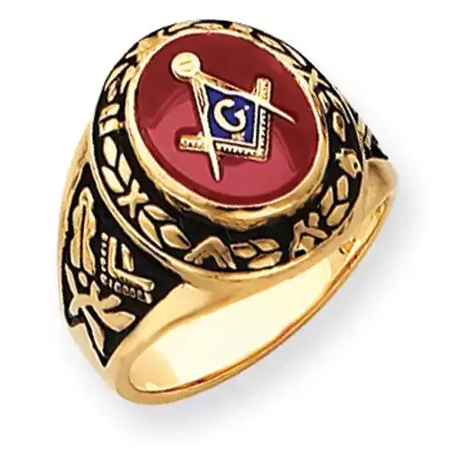 Men‘s Synthetic Ruby Masonic Ring 14k Gold Y4072M