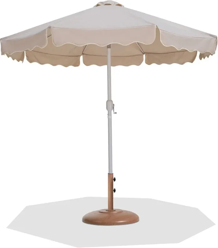 Meridian Furniture – Amalfi Beige Fabric With Cream Piping / Teak Aluminum Patio Umbrella with Base Sets – 55018Beige-BT