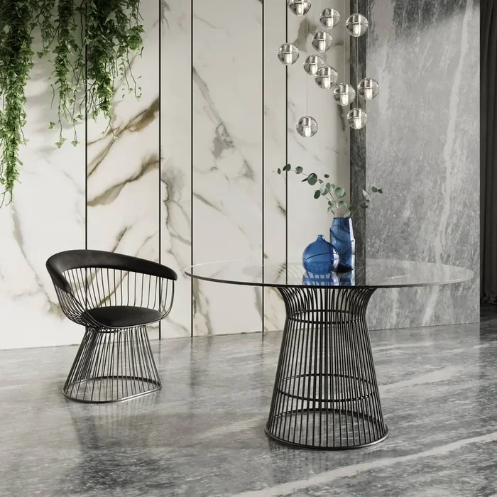 Modrest Chandler Modern Round Glass & Black Stainless Steel Dining Table