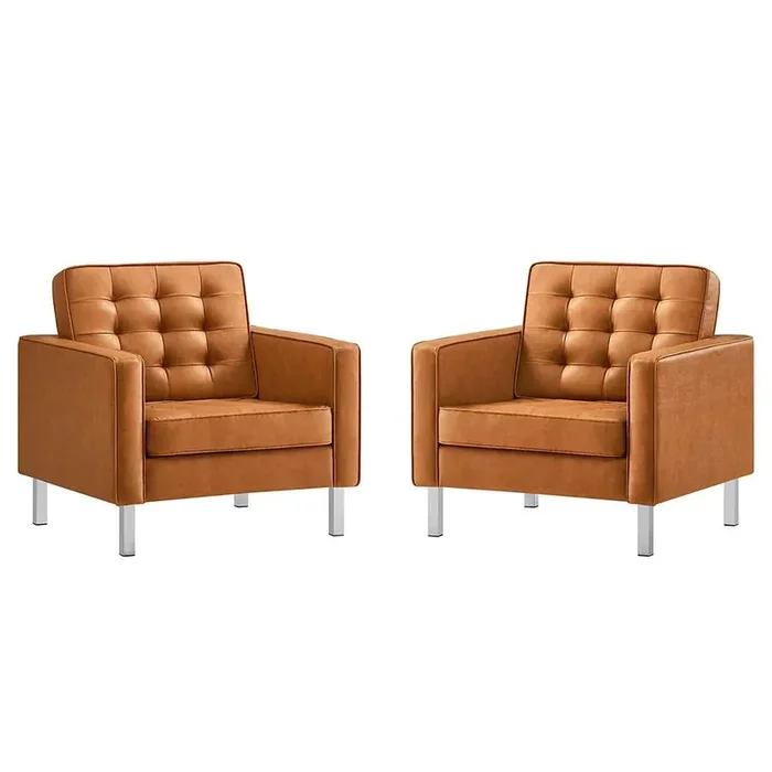 Modway – Loft Tufted Vegan Leather Armchairs – (Set of 2) in Silver Tan – EEI-4101-SLV-TAN