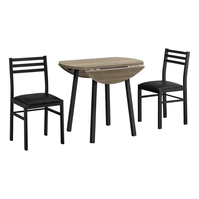 Monarch Specialties – Dining Table Set, 3Pcs Set, Small, 35in Drop Leaf, Kitchen, Metal, Laminate, Brown, Black, Contemporary, Modern – I-1003