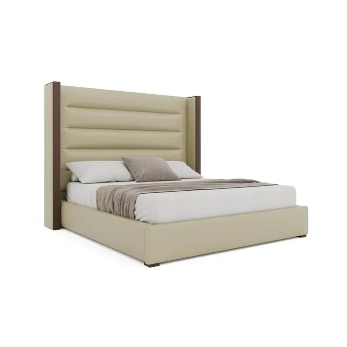 Nativa Interiors – Irenne Horizontal Channel Tufted Eco-Leather Medium 67in Queen Cream Bed – BED-IRENNE-HC-MID-QN-VIN-CREAM