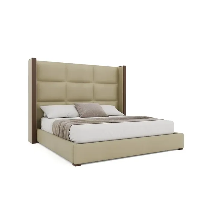 Nativa Interiors – Irenne Square Tufted Eco-Leather Medium 67in California King Cream Bed – BED-IRENNE-SQ-MID-CA-VIN-CREAM