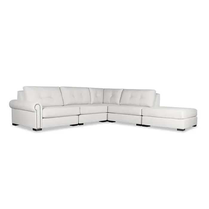 Nativa Interiors – Sylviane Buttoned Modular L-Shaped Sectional Left Arm Facing 128in with Ottoman Off White – SEC-SYLV-BTN-DP-AR2-5PC-PF-WHITE