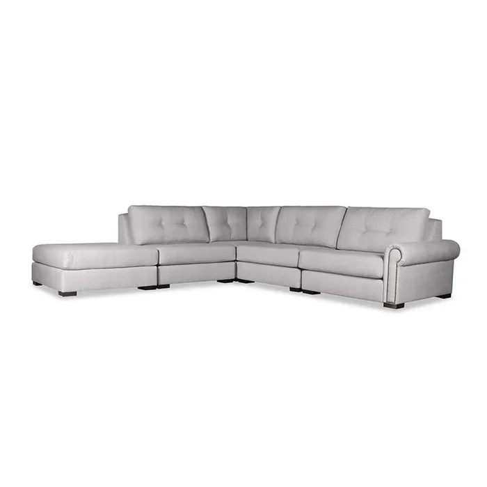Nativa Interiors – Sylviane Buttoned Modular L-Shaped Sectional Right Arm Facing 121in with Ottoman Grey – SEC-SYLV-BTN-CL-AR1-5PC-PF-GREY