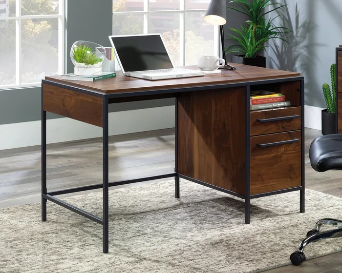 Nova Loft Single Ped Desk – Grand Walnut Finish, Computer Desk with Metal Frame, Storage Drawer, and File Cabinet for Home Office