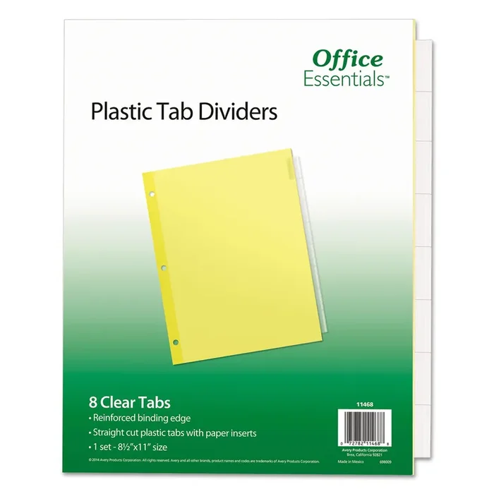 Office Essentials™ Plastic Insertable Dividers, 8-Tab, 11 x 8.5, Clear Tabs, 1 Set