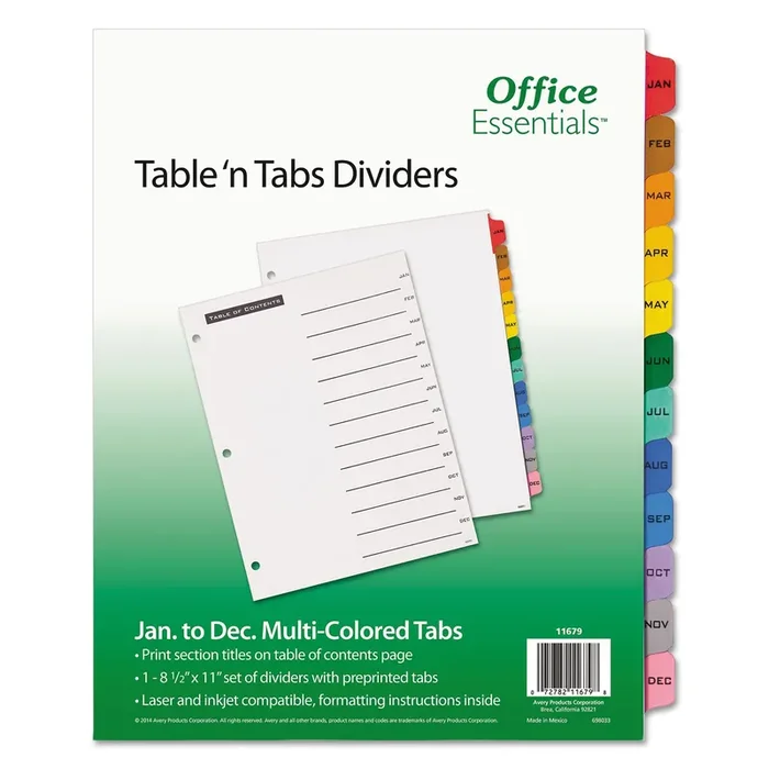 Office Essentials™ Table ‘n Tabs Dividers, 12-Tab, Jan. to Dec., 11 x 8.5, White, Assorted Tabs, 1 Set