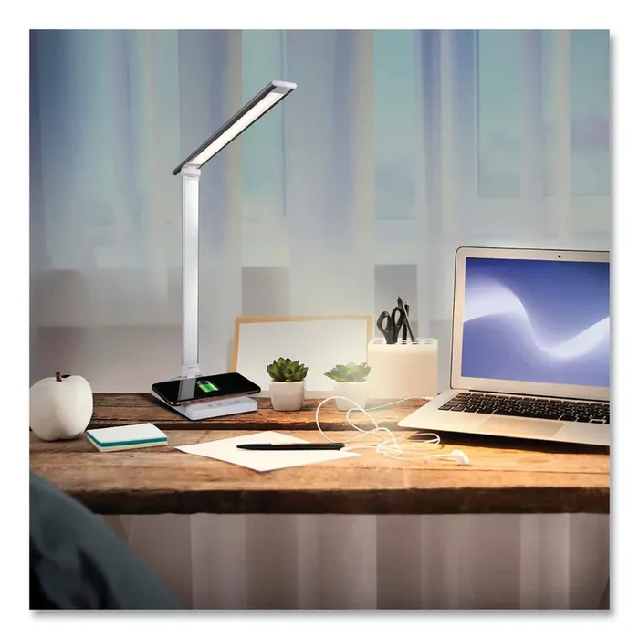 OttLite® Wellness Series Entice LED Desk Lamp with Wireless Charging, Silver Arm, 11″ to 22″ High, White