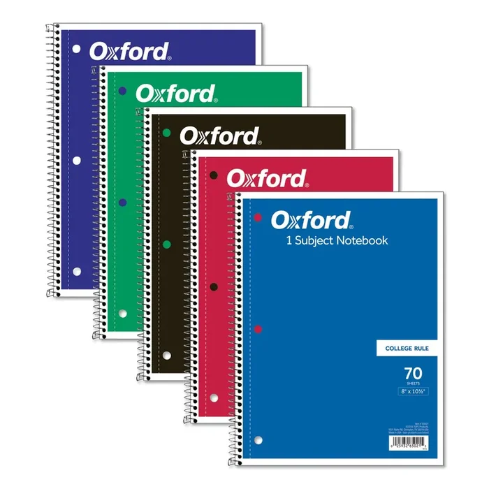 Oxford™ Coil-Lock Wirebound Notebooks, 3-Hole Punched, 1-Subject, Medium/College Rule, Randomly Assorted Covers, (70) 10.5 x 8 Sheets