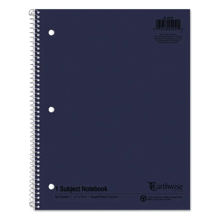 Oxford™ Earthwise by Oxford Recycled Single Subject Notebook, Quadrille Rule (4 sq/in), Randomly Assorted Cover, (80) 11 x 8.5 Sheets