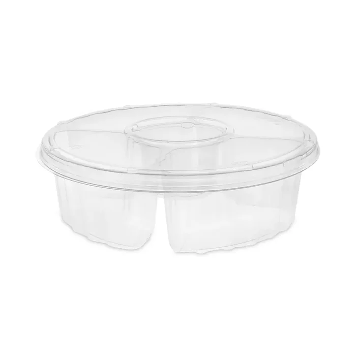 Pactiv Evergreen Dip Cup Platter, 4 Compartments, 64 oz, 10″ Diameter, Clear, Plastic, 100/Carton