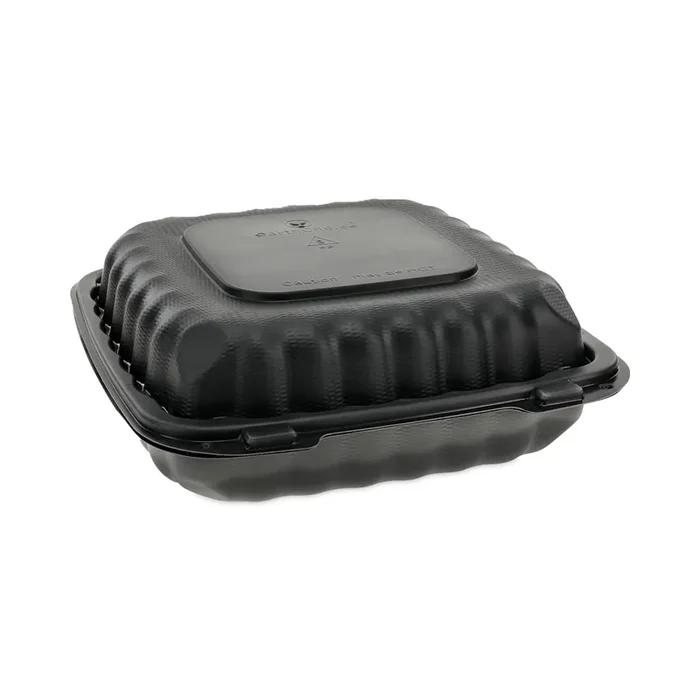 Pactiv Evergreen EarthChoice SmartLock Microwavable MFPP Hinged Lid Container, 3 Compartments, 9.33 x 8.88 x 3.1, Black, Plastic, 120/Carton