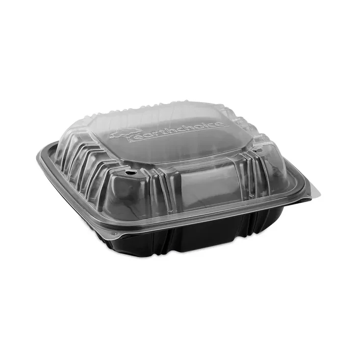 Pactiv Evergreen EarthChoice Vented Dual Color Microwavable Hinged Lid Container, 3 Compartments, 21 oz, Black/Clear, Plastic, 150/Carton