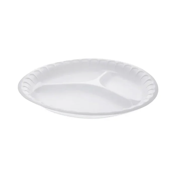 Pactiv Evergreen Placesetter Satin Non-Laminated Foam Dinnerware, 3-Compartment Plate, 10.25″ dia, White, 540/Carton