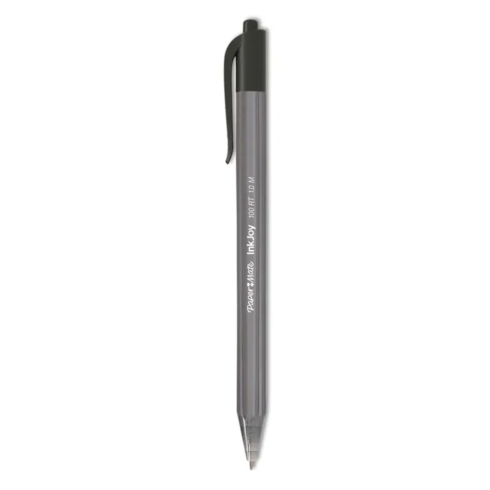 Paper Mate® InkJoy 100 RT Ballpoint Pen, Retractable, Medium 1 mm, Black Ink, Smoke/Black Barrel, Dozen