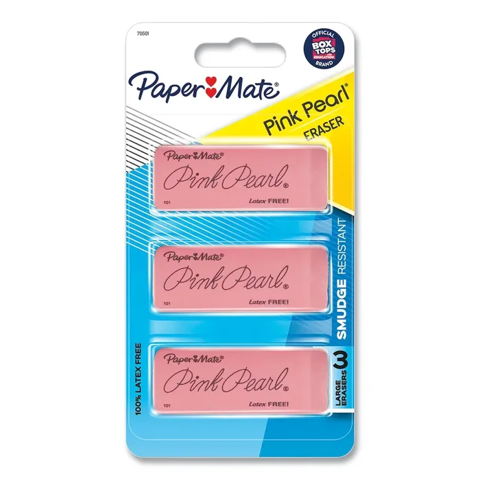 Paper Mate® Pink Pearl Eraser, For Pencil Marks, Rectangular Block, Large, Pink, 3/pack