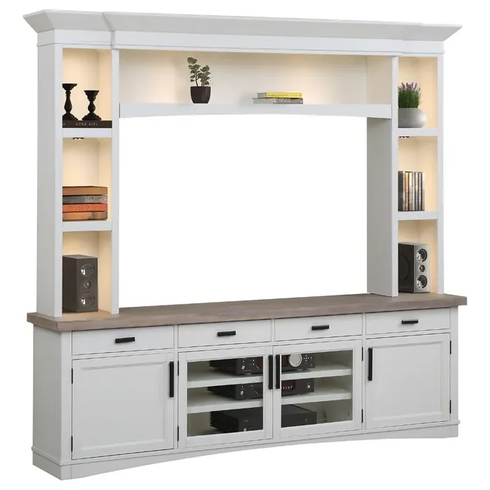 Parker House – Americana Modern 92 in. TV Console with Hutch and LED Lights in Cotton – AME92-3-COT