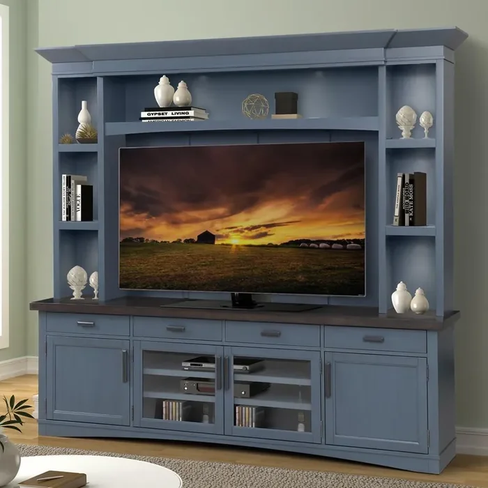 Parker House – Americana Modern 92 in. TV Console with Hutch, Backpanel and LED Lights in Denim – AME92-4-DEN