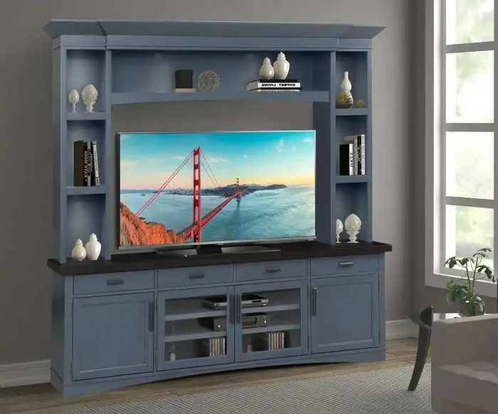 Parker House – Americana Modern Denim 92 in. TV Console with Hutch and LED Lights – AME92-3-DEN