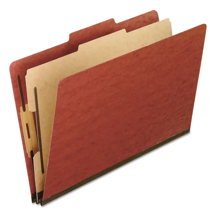 Pendaflex® Four-Section Pressboard Classification Folders, 2″ Expansion, 1 Divider, 4 Fasteners, Legal Size, Red Exterior, 10/Box