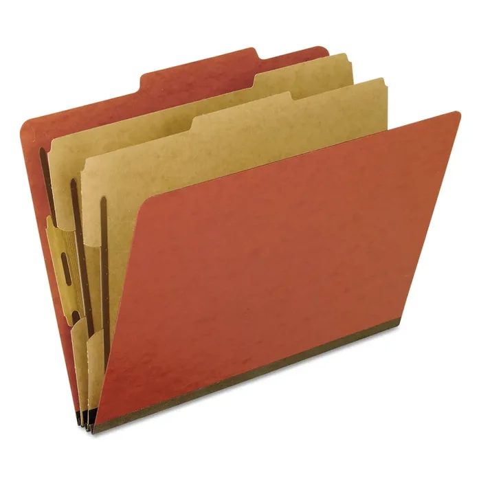 Pendaflex® Six-Section Pressboard Classification Folders, 2″ Expansion, 2 Dividers, 6 Bonded Fasteners, Letter Size, Red Exterior, 10/BX