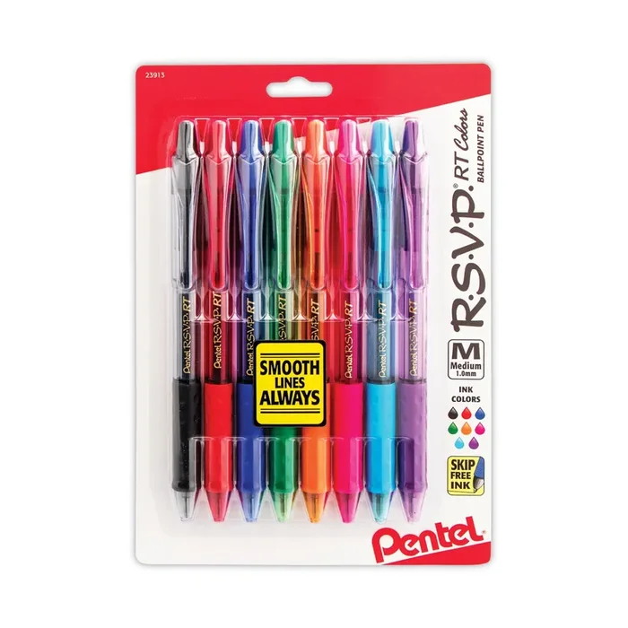 Pentel® R.s.v.p. Rt Ballpoint Pen, Retractable, Medium 1 Mm, Assorted Ink Colors, Clear Barrel, 8/pack