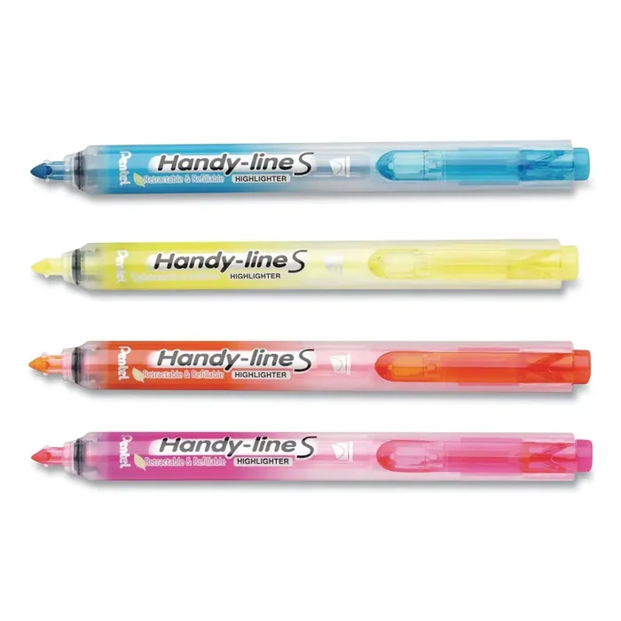 Pentel® ULTRA-SLIM HANDY-LINE S RETRACTABLE/REFILLABLE HIGHLIGHTERS, ASSORTED INK COLORS, CHISEL TIP, ASSORTED BARREL COLORS, 4/PK