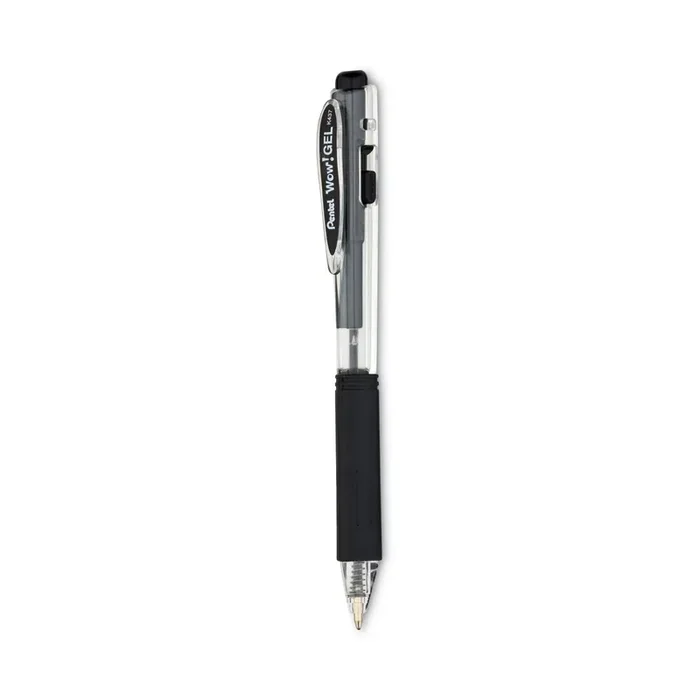 Pentel® Wow! Gel Pen, Retractable, Medium 0.7 Mm, Black Ink, Clear/black Barrel, Dozen