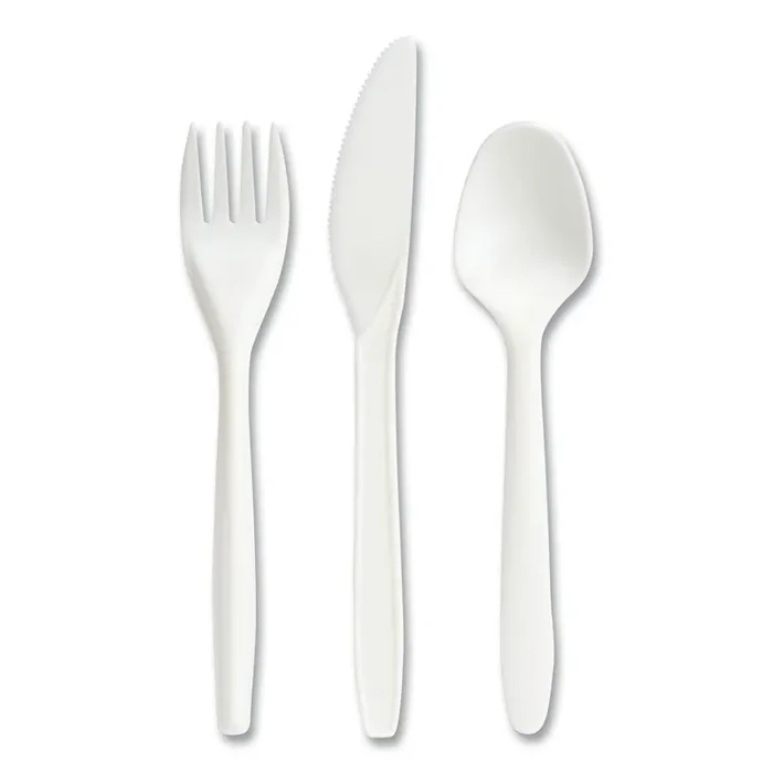 Perk™ Eco-ID Mediumweight Compostable Cutlery, Fork/Knife/Spoon, Plastic, White, 120/Pack