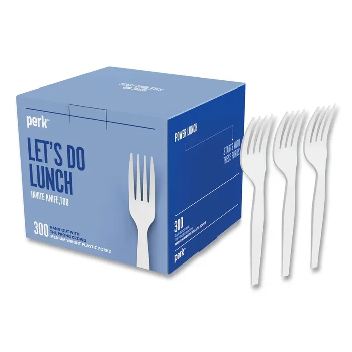 Perk™ Eco-ID Mediumweight Compostable Cutlery, Fork, Plastic, White, 300/Pack