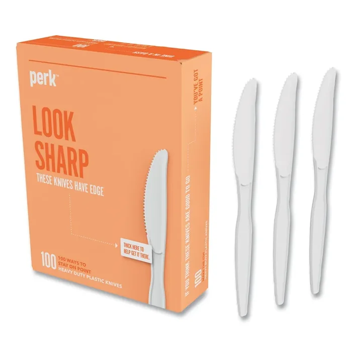 Perk™ Heavyweight Plastic Cutlery, Knife, White, 100/Pack