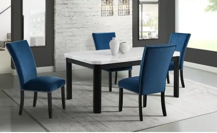 Picket House Furnishings – Celine White Marble 5PC Dining Set-Table & Four Blue Velvet Chairs – CFC700BL5PC