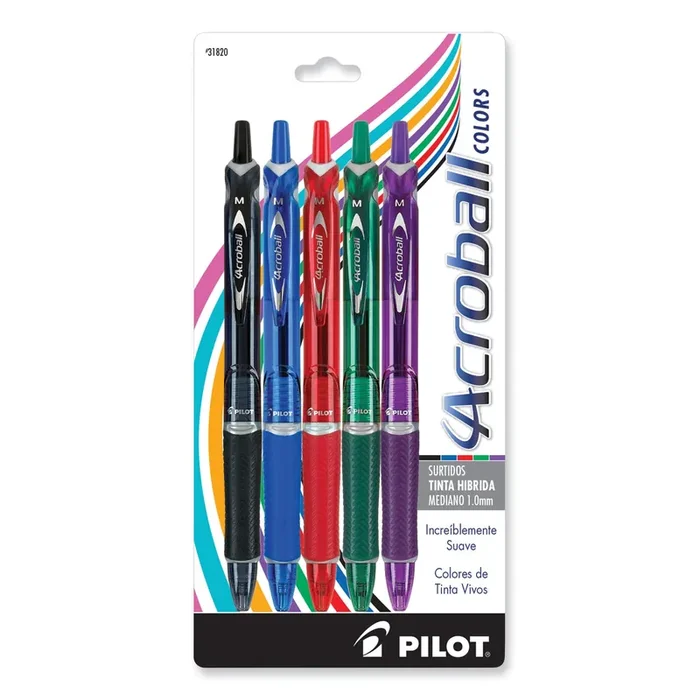 Pilot® Acroball Colors Advanced Ink Hybrid Gel Pen, Retractable, Medium 1 mm, Assorted Ink and Barrel Colors, 5/Pack