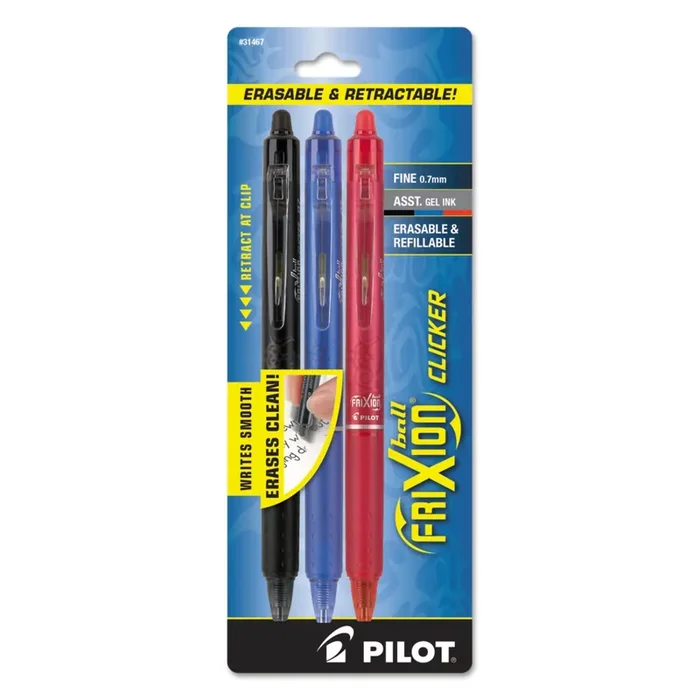Pilot® FriXion Clicker Erasable Gel Pen, Retractable, Fine 0.7 mm, Assorted Business Ink and Barrel Colors, 3/Pack