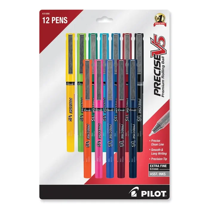 Pilot® Precise V5 Rollerball Pen, Stick, Fine 0.5 mm, Assorted Ink and Barrel Colors, Dozen